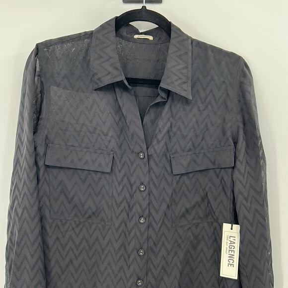 L'AGENCE Semi-Sheer Chevron Long Sleeve Button Down - Black - 4 - New with tags - Picture 2 of 9